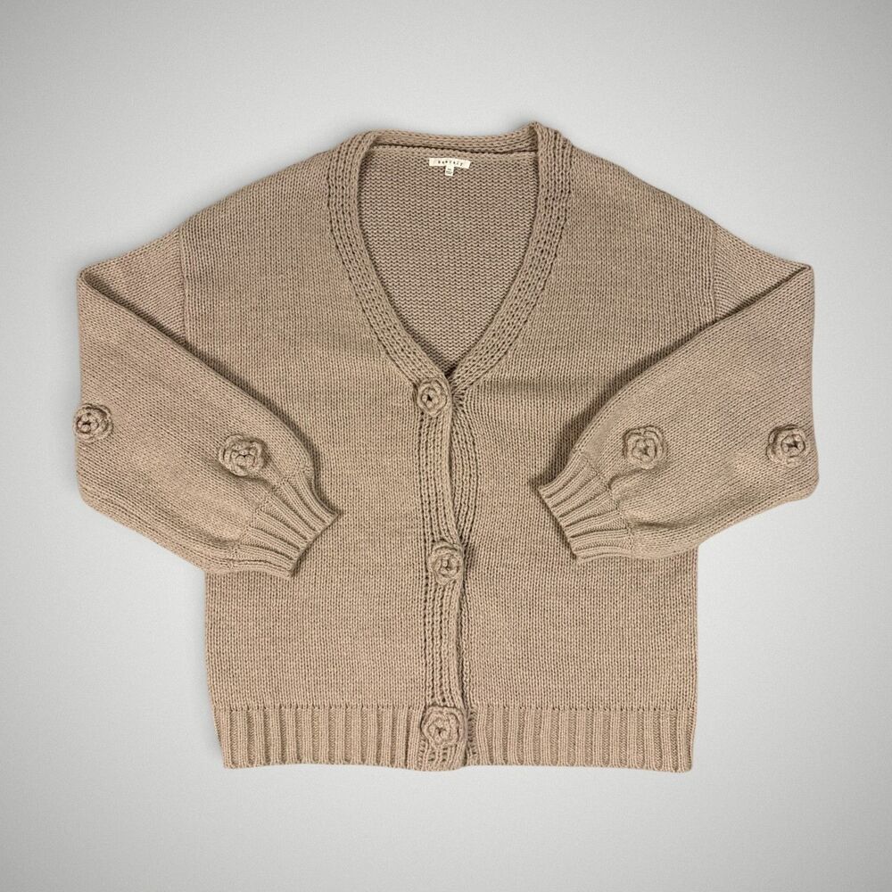 Baevely Taupe Knit Cardigan Crochet Flower Button Detail Sweater Plus Size 3XL